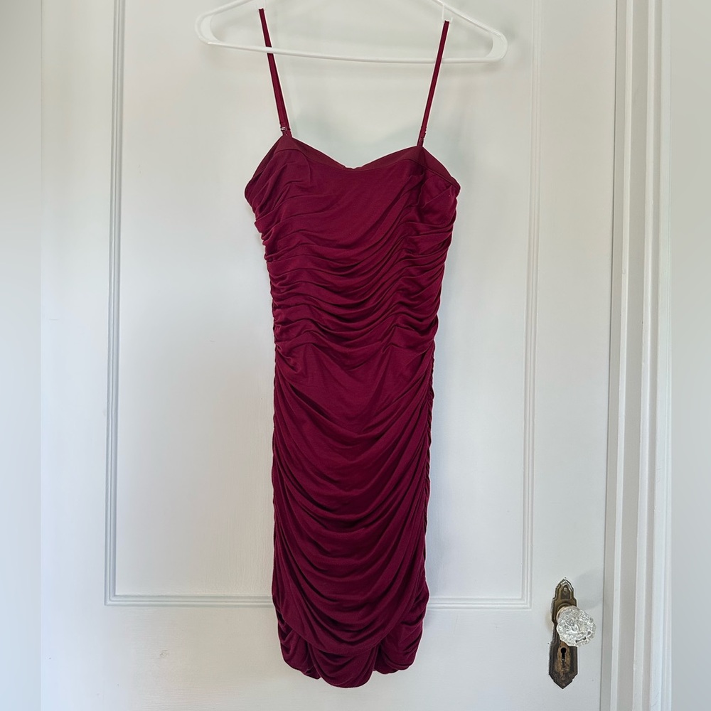 Armani Exchange Burgundy Ruched Spaghetti Strap Mini Dress